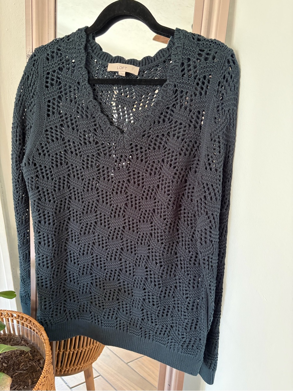 LOFT Ann Taylor Women’s L Dark Teal 100% Cotton Open Knit Crochet Sweater